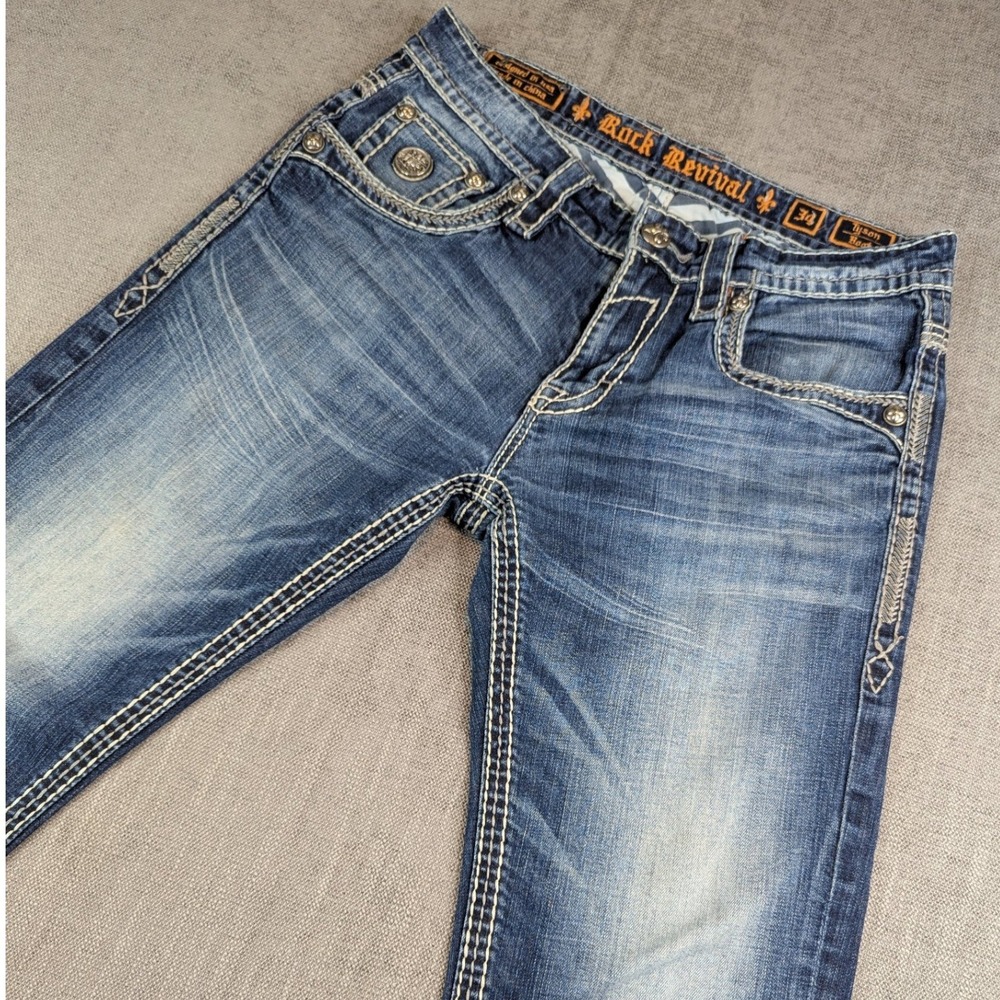 Rock Revival Jeans Men 34x31 Blue Tyson Distressed Thick Stitch Bootcut Denim